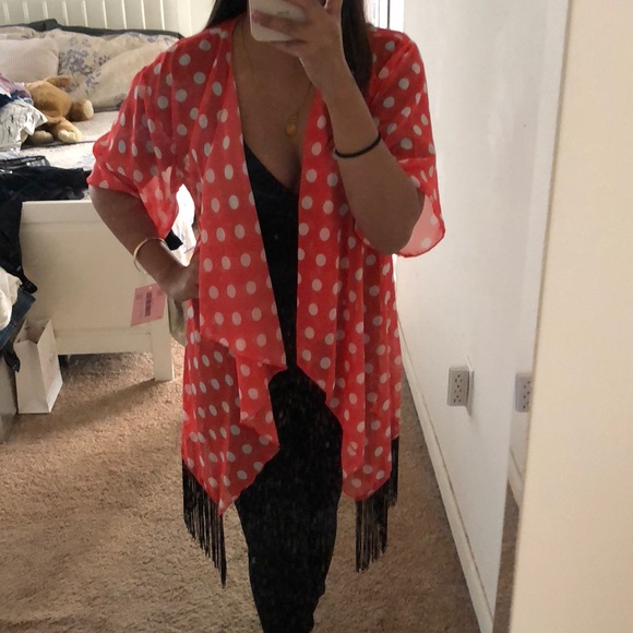 LuLaRoe Tops - NWT Monroe Red & White Polka Dot Kimono w/ Fringe